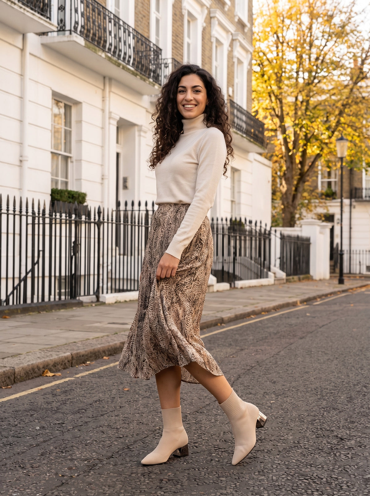 XIMENA Knitted Sock Ankle Boots in apricot, worn full length