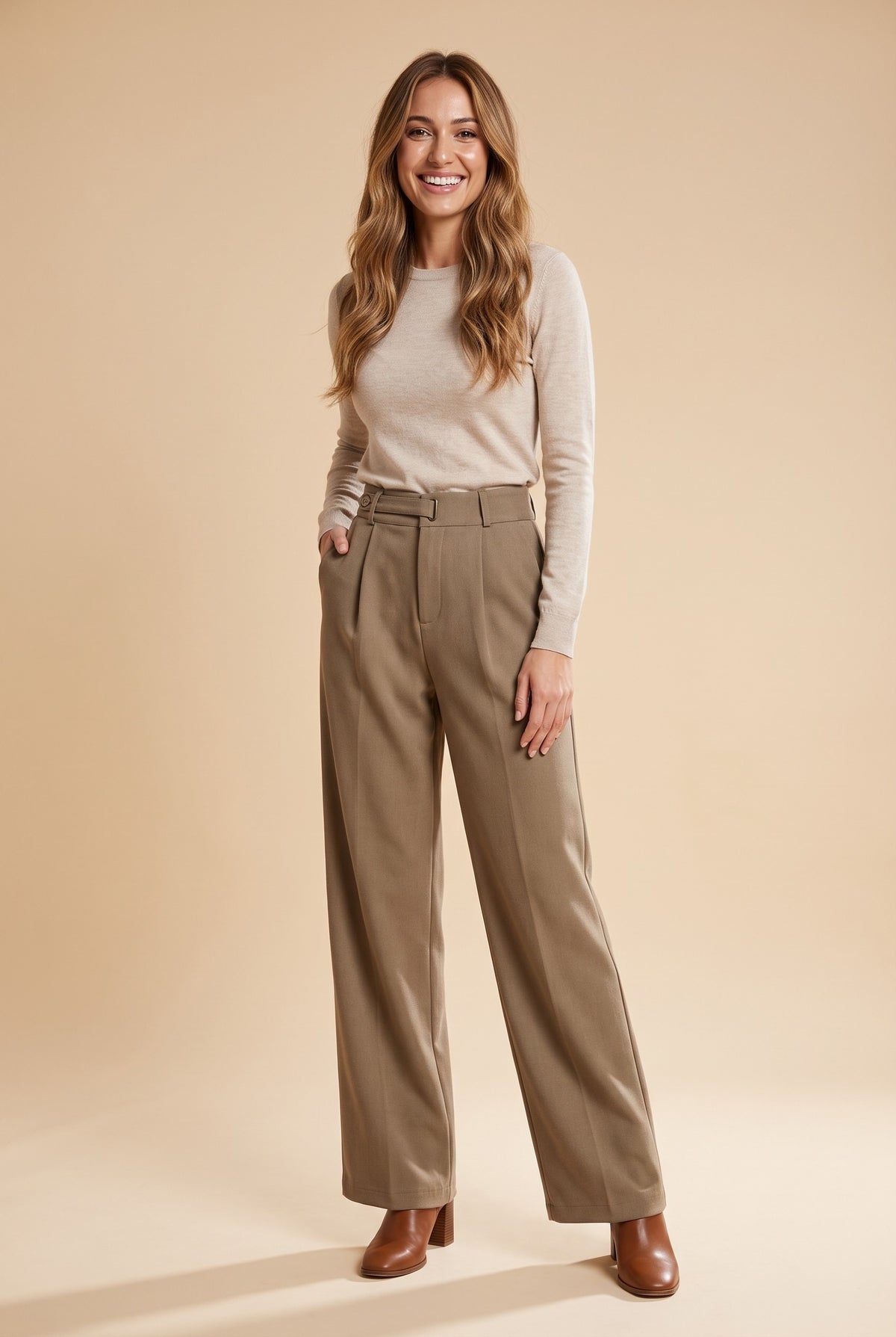 YASMIN Pleated Wide Leg Trousers in milk tea - regular length, front