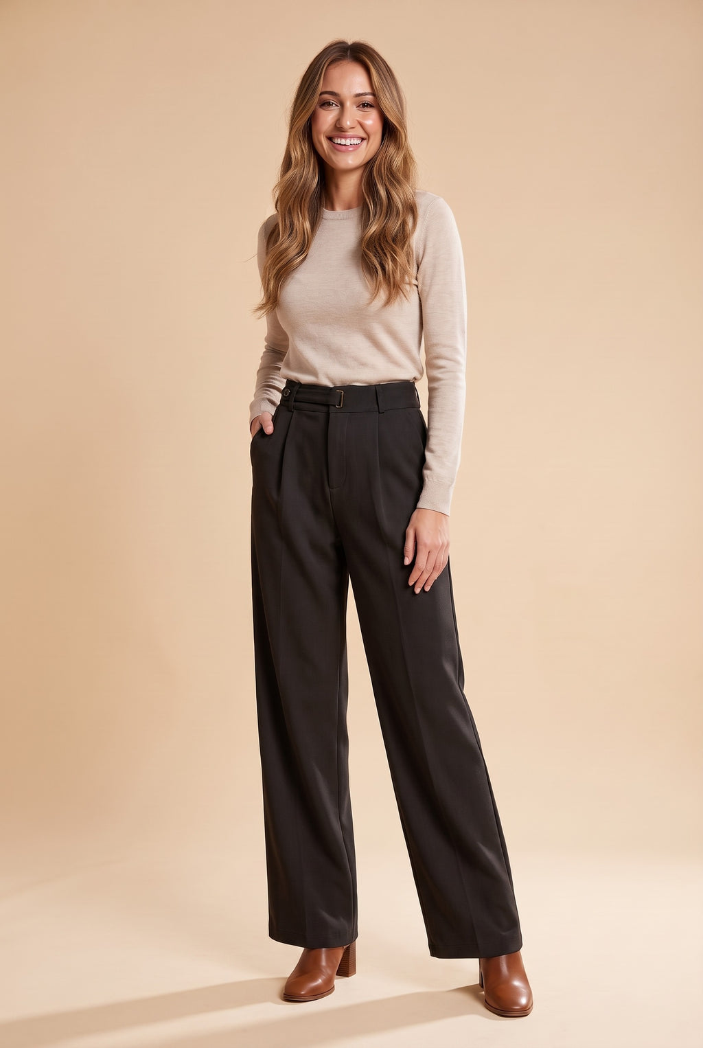 YASMIN Pleated Wide Leg Trousers in black - regular length, front