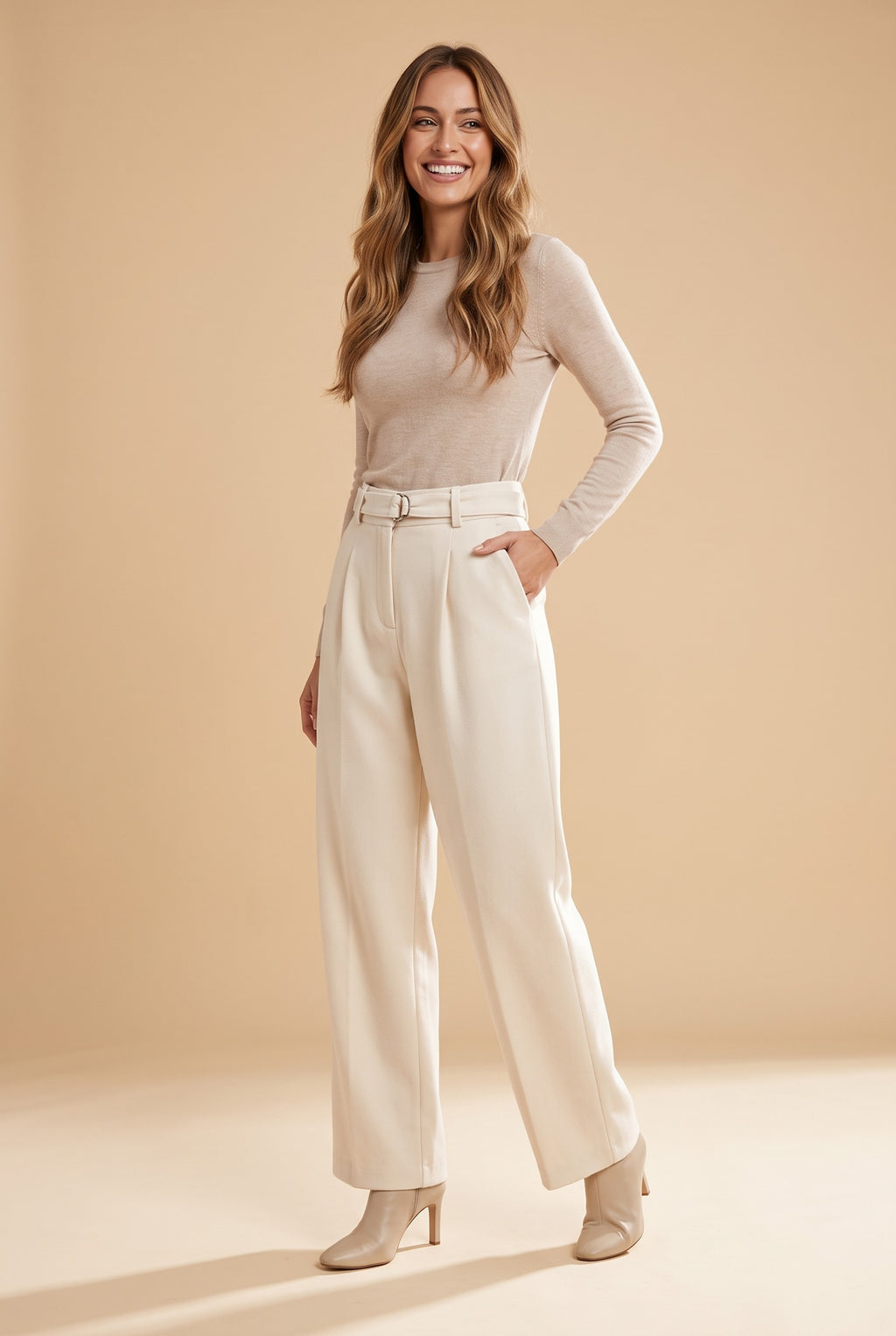 YASMIN Pleated Wide Leg Trousers in apricot - regular length, front