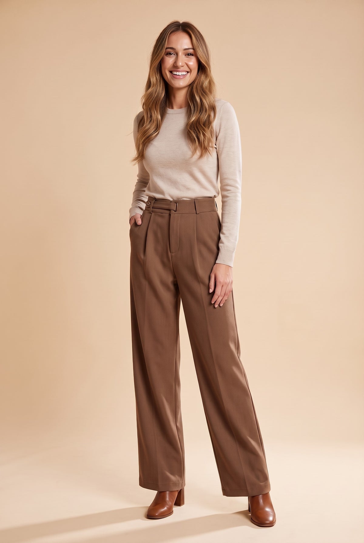 YASMIN Pleated Wide Leg Trousers in coffee - regular length, front