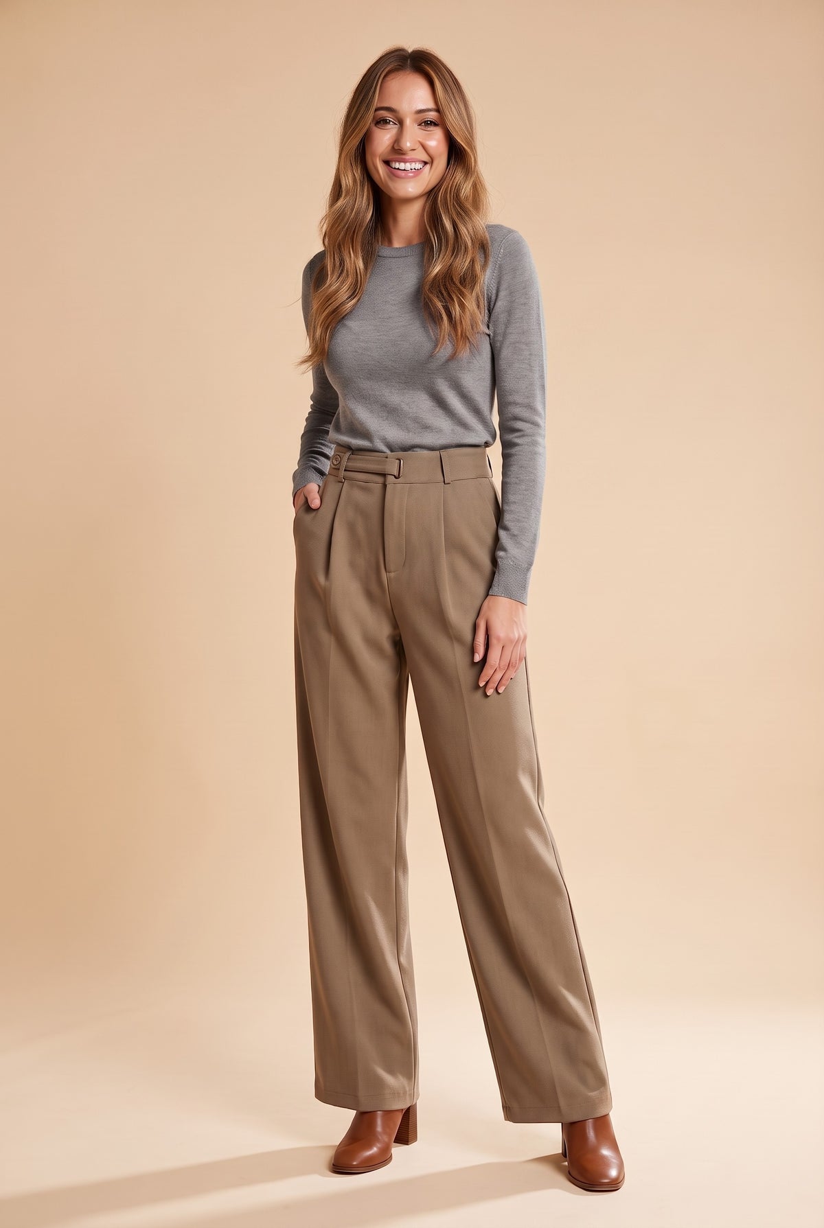 YASMIN Pleated Wide Leg Trousers in grey - regular length, front