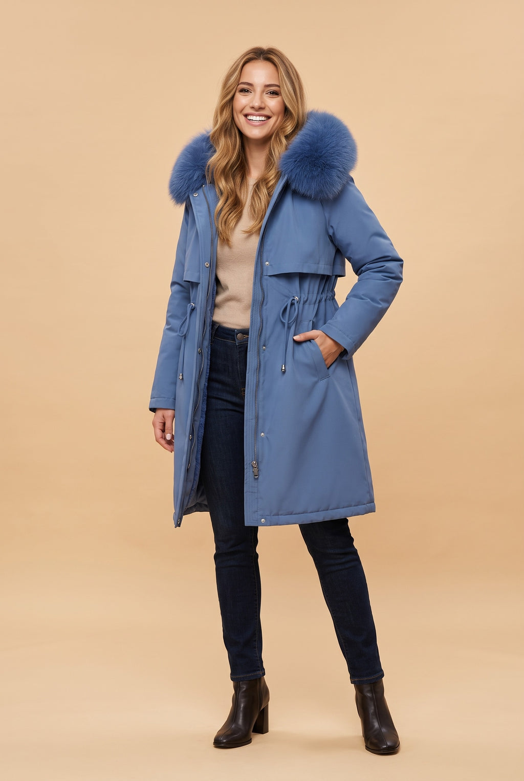 ZAHRA Faux Fur Lined Hooded Parka Coat in light blue, front