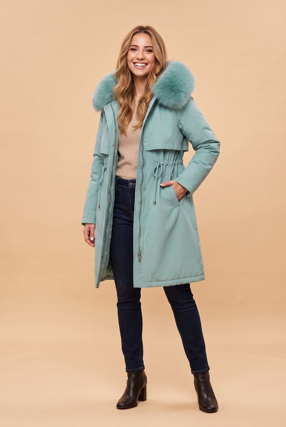 ZAHRA Faux Fur Lined Hooded Parka Coat in mint green, front