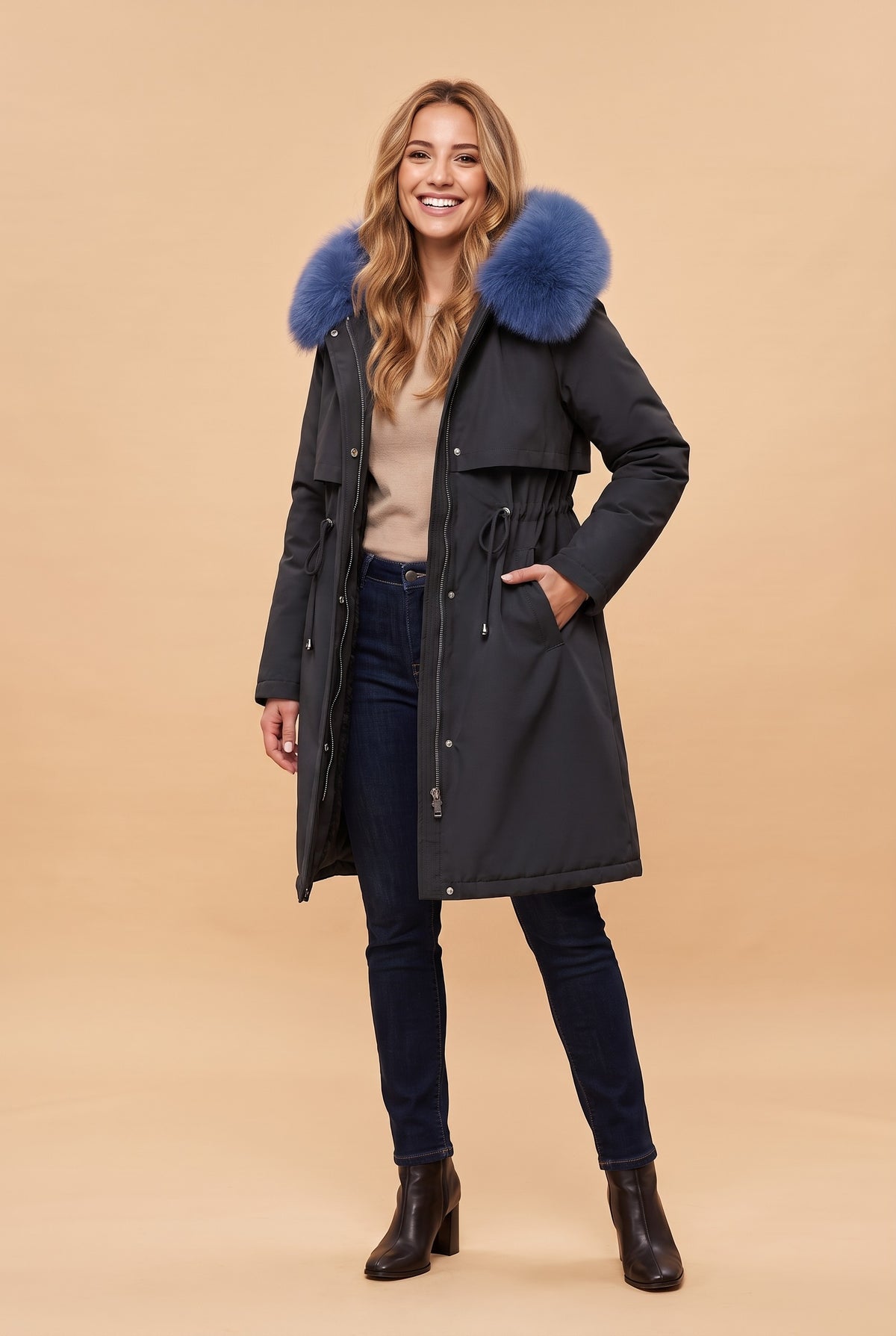 ZAHRA Faux Fur Lined Hooded Parka Coat in black, front