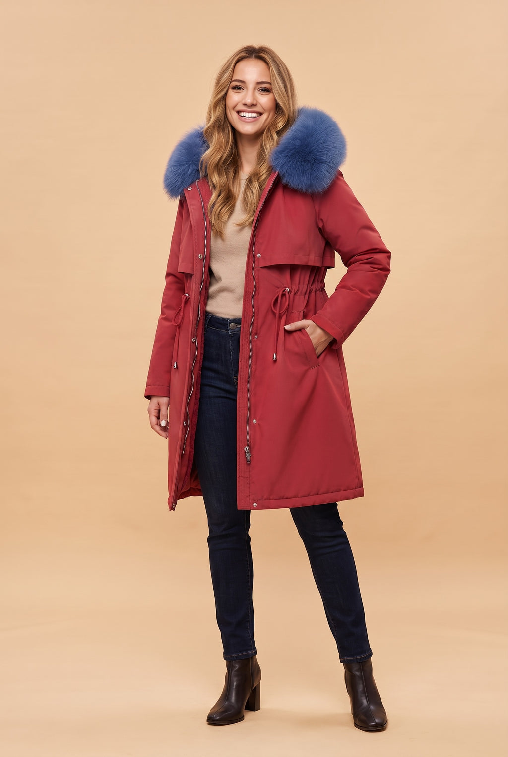ZAHRA Faux Fur Lined Hooded Parka Coat in red, front