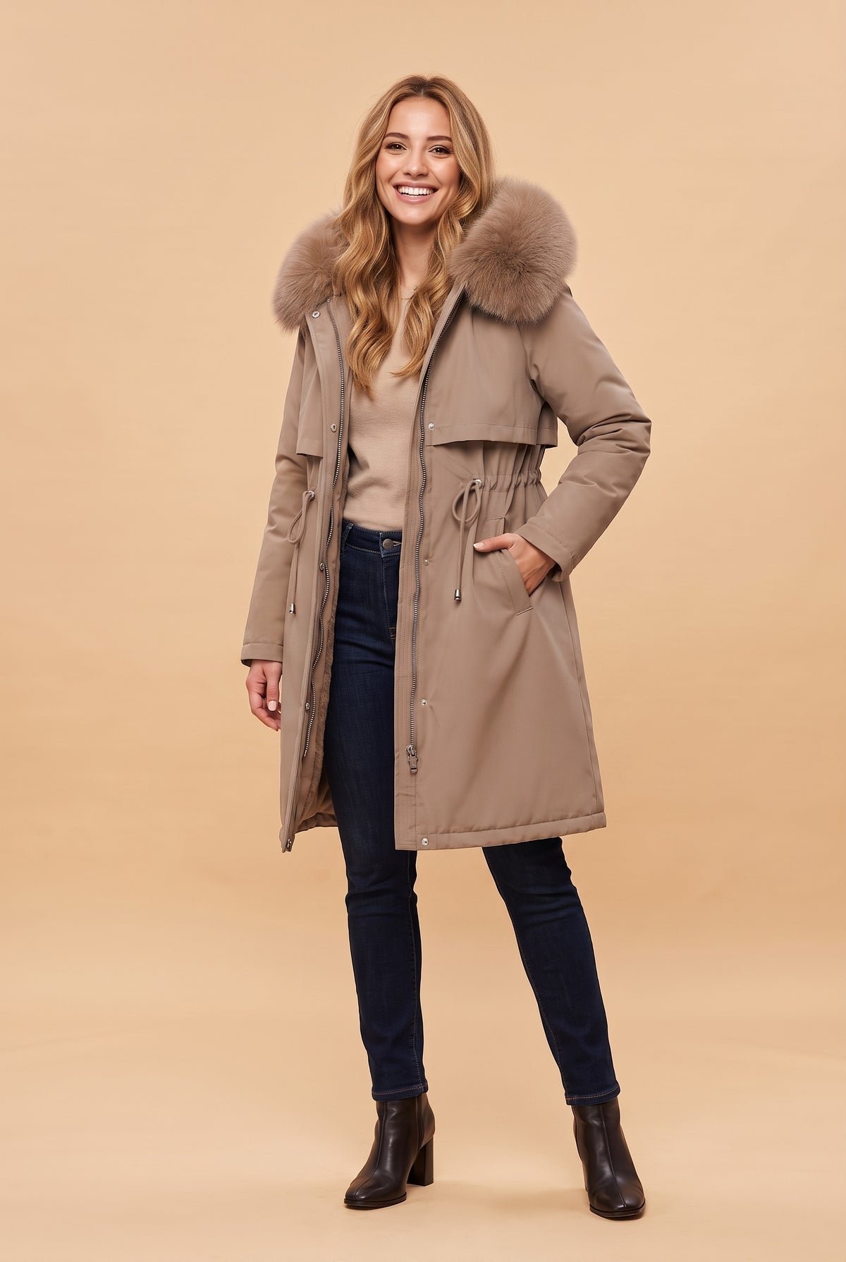 ZAHRA Faux Fur Lined Hooded Parka Coat in camel, front