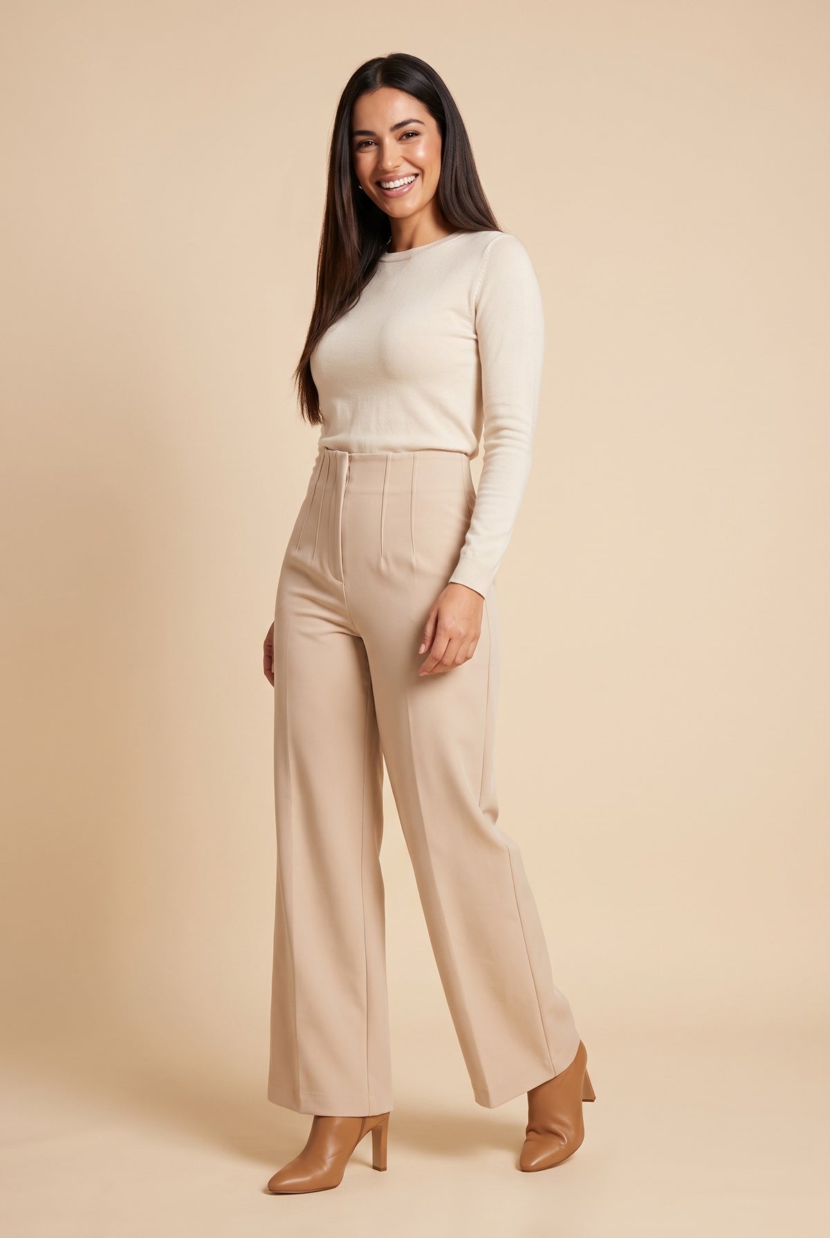ZARIA High Waisted Wide Leg Trousers in khaki, front