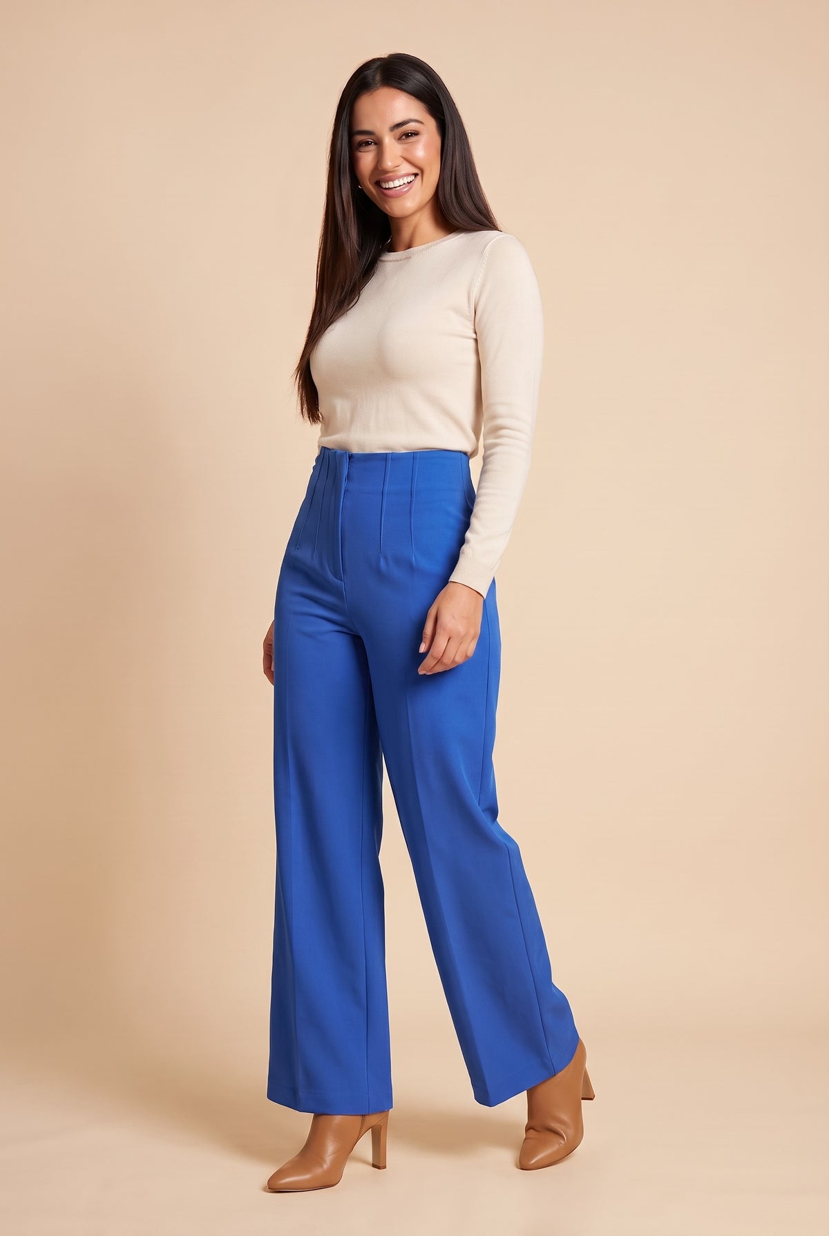 ZARIA High Waisted Wide Leg Trousers in light blue, front
