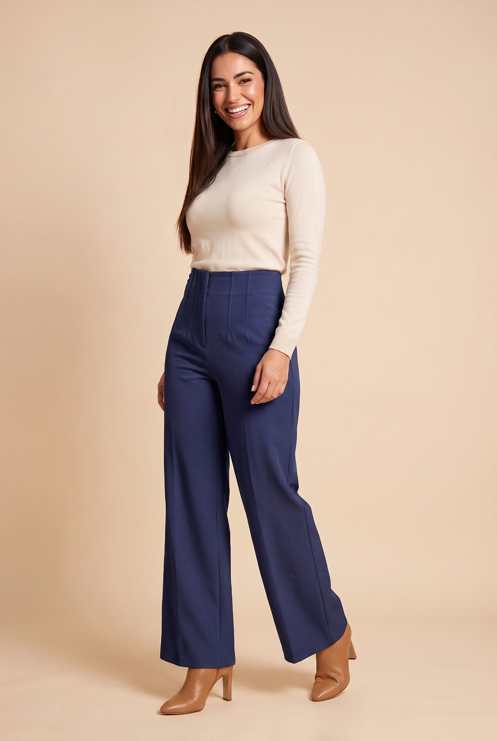 ZARIA High Waisted Wide Leg Trousers in dark blue, front