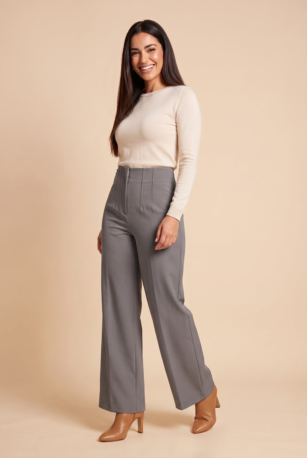ZARIA High Waisted Wide Leg Trousers in grey, front
