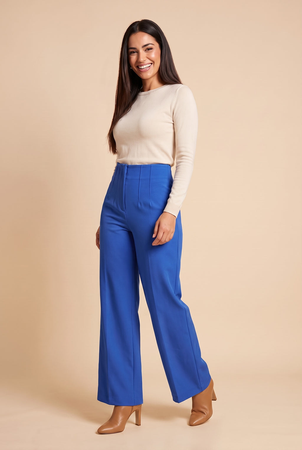 ZARIA High Waisted Wide Leg Trousers in blue, front