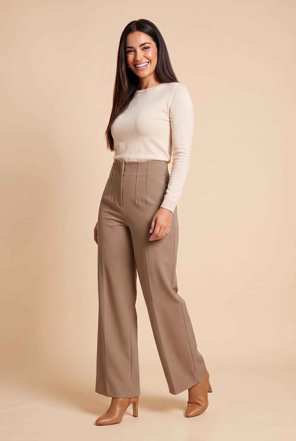 ZARIA High Waisted Wide Leg Trousers in brown, front