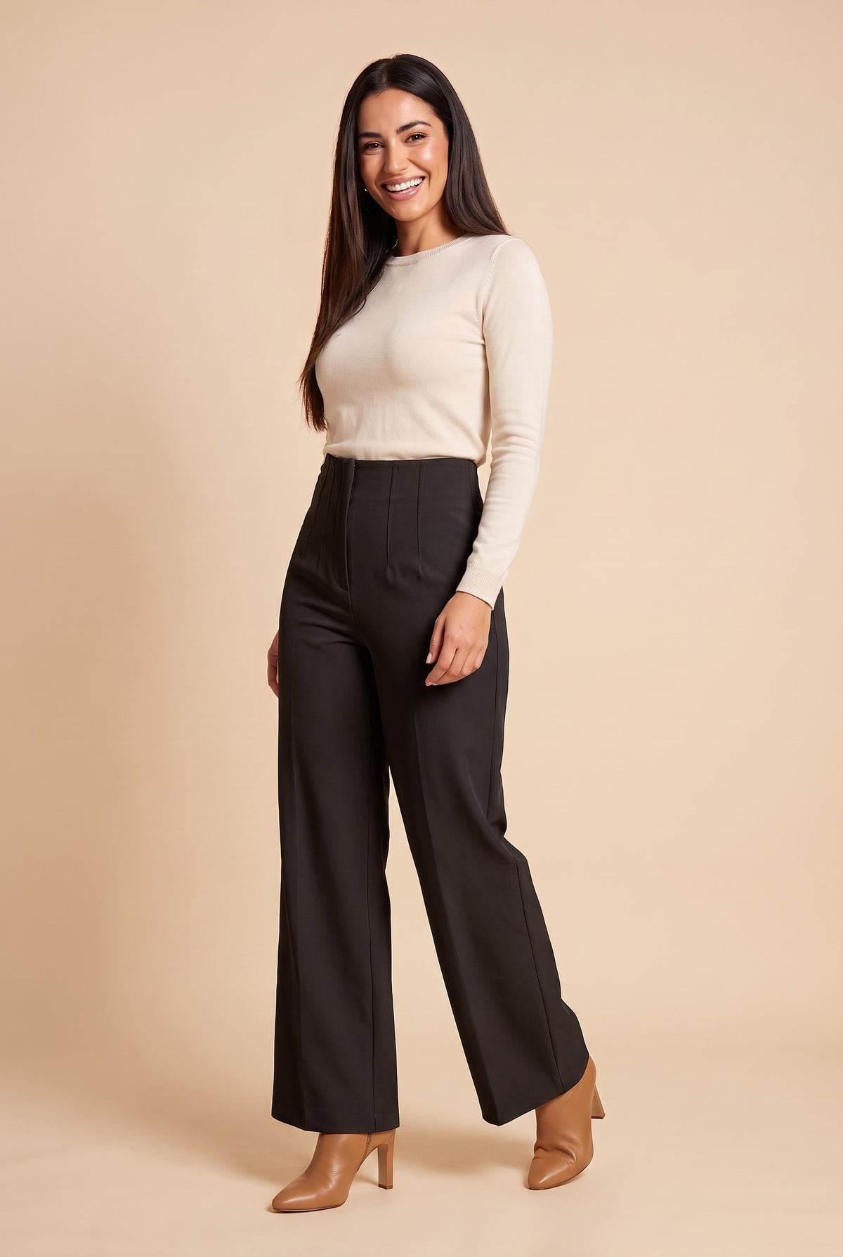 ZARIA High Waisted Wide Leg Trousers in black, front